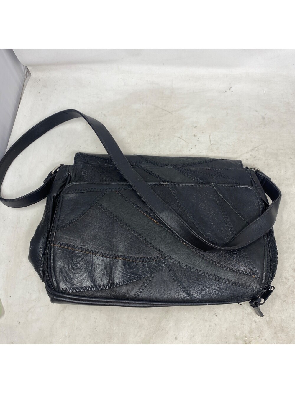 Vintage 80s 90s Patchwork Black Faux Leather Shoulder Bag Boho Organizer Y2K - Picture 5 of 9